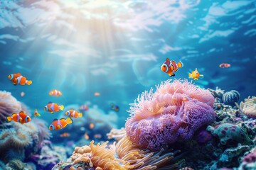 Wall Mural - Sea animal salt water fishes background - Clownfish (amphiprion percula) on coral reef, cute anemone fish