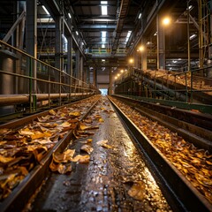 Wall Mural - b'rusty conveyor belt covered in wet leaves in an industrial building'