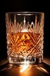 b'Crystal whisky glass with amber liquid'