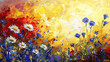 Contemporary wall art in an impressionistic style with daisies and cornflowers in a meadow.