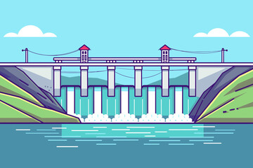 Hydroelectric dam, hydroelectric power plant, sustainable green energy, renewable clean energy sources - vector illustration