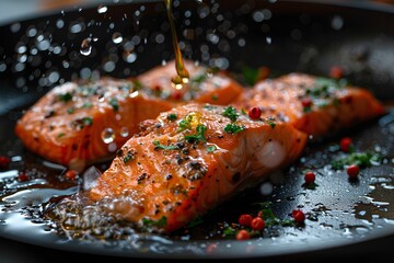 Photograph of salmon with skin peeled and cut into beautiful pieces, fried in a pan, hot oil splashing in the pan. in the kitchen atmosphere Surrounded