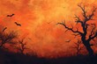 b'Bats flying in a spooky orange sky'