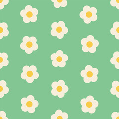 Wall Mural - White and yellow flowers on green background. Vector seamless pattern in soft retro pastel colors.
