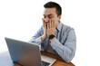© muse studio - A male freelancer is stressed, tired of the deadline, uses a laptop, a cut-out background