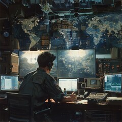 b'A soldier sits at a computer console in a military operations center.'