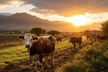 Wall Mural - b'Cows grazing in a lush green field with mountains in the background'