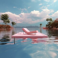 b'Pink platform floating on water with pink lounge chair and pink side table with martini glass'