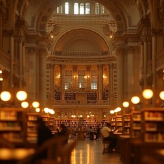  b'Ornate library interior with bookshelves, desks, and people studying'