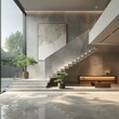 b'Staircase in a modern house with large windows and a marble floor'