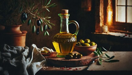 Poster - culinary craft art mock up with olive oil and olives in cozy atmosphere