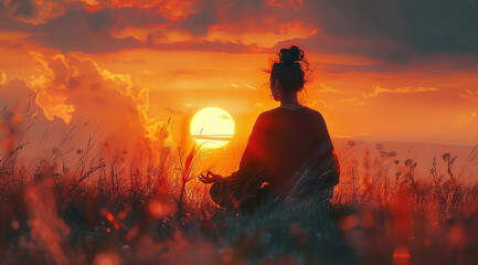 Wall Mural - A person sitting in a grassy field at sunset, holding a bow, with a dramatic orange sky in the background.