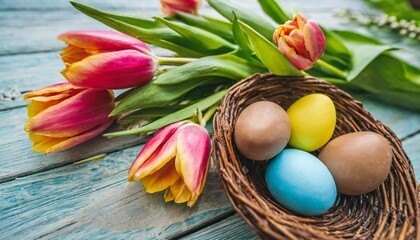 Sticker - colorful eggs in basket with tulip flower and leaves for holiday nest full of chocolate egg and spring flowers springtime template for greeting card banner poster