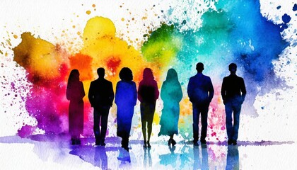 watercolor and silhouette concept of diverse people an artistic representation of diverse individuals standing together united with vibrant watercolor splashes symbolizing creativity and individua