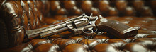 Old Gun And Bullets,
The Gun Lay On The Leather Sofa. The Weapon Is A
