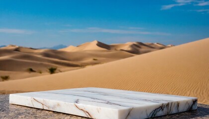 Wall Mural - white marble stone podium product display with desert as background