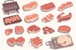 A watercolor variety of meats and cuts of meat, including steaks, chops, ribs, and sausages.