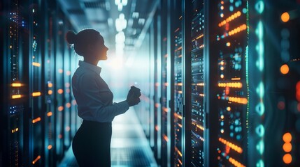 Poster - Professional Woman Analyzing Data Center Operations. Generative ai