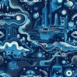 Futuristic ocean seamless pattern in blue tones in retro style