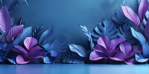 Wall Mural - A blue background with purple leaves and flowers