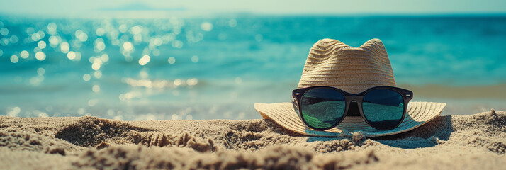 Straw hat and sunglasses on the sandy beach