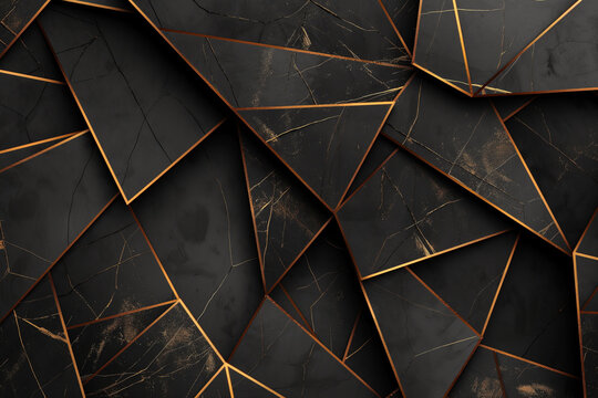 Abstract 3d rendering of polygonal black and gold background.