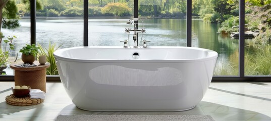 Wall Mural - Elegant modern bathroom ambiance with serene atmosphere highlighted by a stylish standalone bathtub