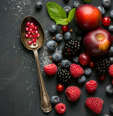 Wall Mural - Summer berries are placed in a pile on a dark background