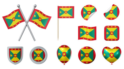 Wall Mural - Set of objects with flag of Grenada isolated on transparent background. 3D rendering