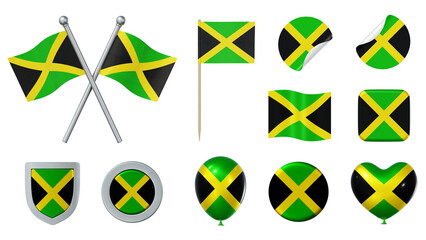 Set of objects with flag of Jamaica isolated on transparent background. 3D rendering