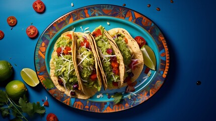 Wall Mural - Delicious and colorful Mexican tacos with fresh ingredients on a decorative plate