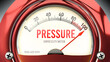 Pressure and Difficulty Meter that is hitting a full scale, showing a very high level of pressure, overload of it, too much of it. Maximum value, off the charts.  ,3d illustration