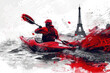 Red watercolor paint of people falling offered in a kayak by eiffel tower