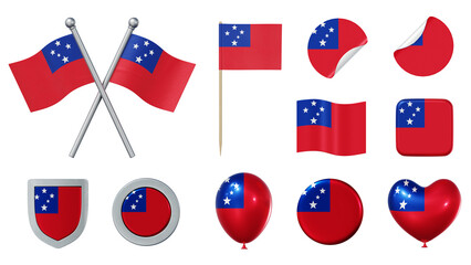 Wall Mural - Set of objects with flag of Samoa isolated on transparent background. 3D rendering