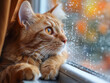 Bad weather, dog and cat looking sadly outside through a rainy window pane