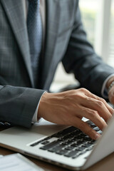 Wall Mural - Focused Asian business man typing at laptop in office closeup. Guy surfing internet