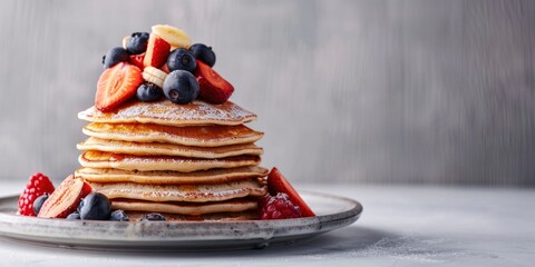 Wall Mural - Delectable Pancake Stack with Fresh Berries and Banana on Modern Plate