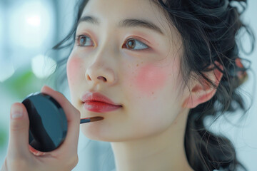 Wall Mural - Makeup artist applies Makeup artist applies powder and blush . Beautiful Asian Woman face. Hand of make-up master puts blush on cheeks beauty model girl . Make up in process . Beautiful woman