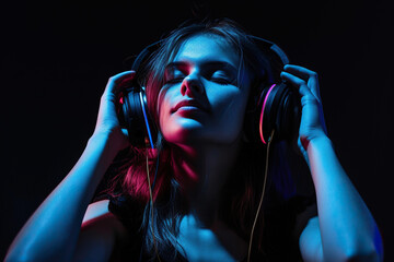 Young woman wearing headphones on a black background listening to her favorite music