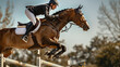 High-Stakes Equestrian Jumping Event: Horse and Rider Showcasing Skill at Olympics. Generative AI.