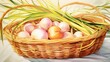 Onions, Depict onions with their papery skins in shades of white, yellow, and red, arranged in a woven basket or hanging bundle