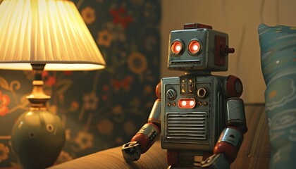 In a cozy corner of the living room, the vintage robot toy from the 1950s stood on display, its chrome finish still gleaming under the soft glow of the lamp