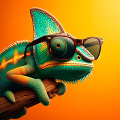 Wall Mural - chameleon wearing sunglasses on a solid color background, vector art, digital art, faceted, minimal, abstract, panorama background.