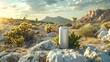 Beverage Products: White Soda Can Placed on Green Rock with Opuntia Cactus, Hand Edited Generative AI