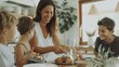 © LukaszDesign - Happy family lunch with woman carving chicken, dinner, and food in dining room or celebration event. Brunch in the family house with love, happiness, and laughter