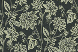 Fototapeta Boho - dahlia floral Victorian Damask vintage surface pattern , green flora Luxury Decorative Fabric Pattern. HAND DRAWN botanical BLOCK PRINT all over  linecut seamless