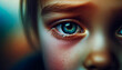 A child's eyes filled with tears. The image captures the innocent and emotional expression of the child with clear tears welling. Close-up of a girl's face. Tears. Emotion concept.