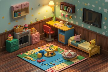 Aufkleber - A vibrant and neatly organized children's playroom filled with toys, play areas, and furniture, depicting childhood and creativity