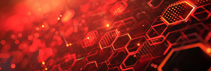 Wall Mural - red futuristic technology interface with hexagons and blurred bokeh