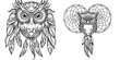 A black and white owl with feathers and a dream catcher Set of owls print Good for t-shirts cups phone cases and more white background.